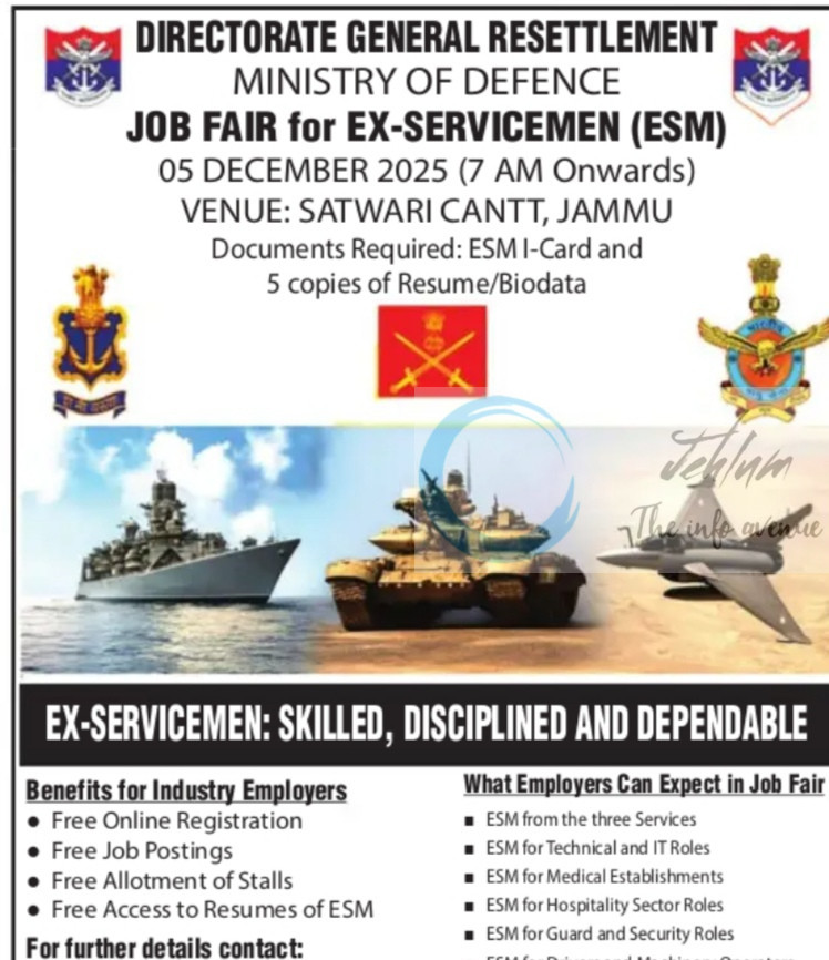 Directorate General Resettlement Ministry of Defence DGR Jammu Ex-Servicemen Technical Logistics job opportunities CBC 10401/11/0034/2526