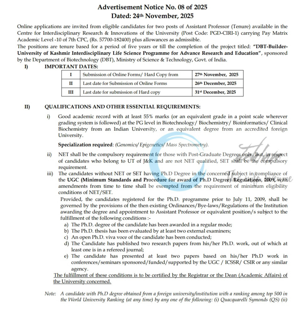 Kashmir University KU Centre for Interdisciplinary Research and Innovations AP Job opportunities notice 08 of 2025
