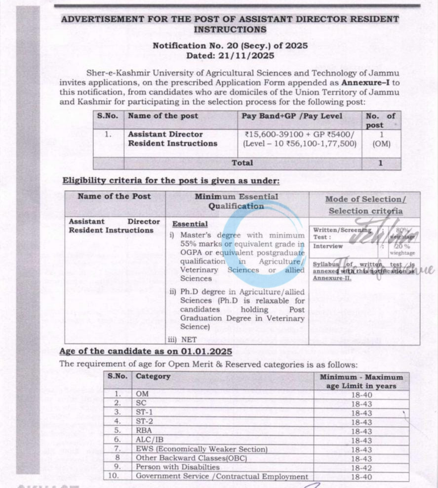 Sher-e-Kashmir University of Agricultural Sciences and Technology of Jammu SKUAST-J Assistant Director Resident Instructions job opportunities notice 20 Secy of 2025
