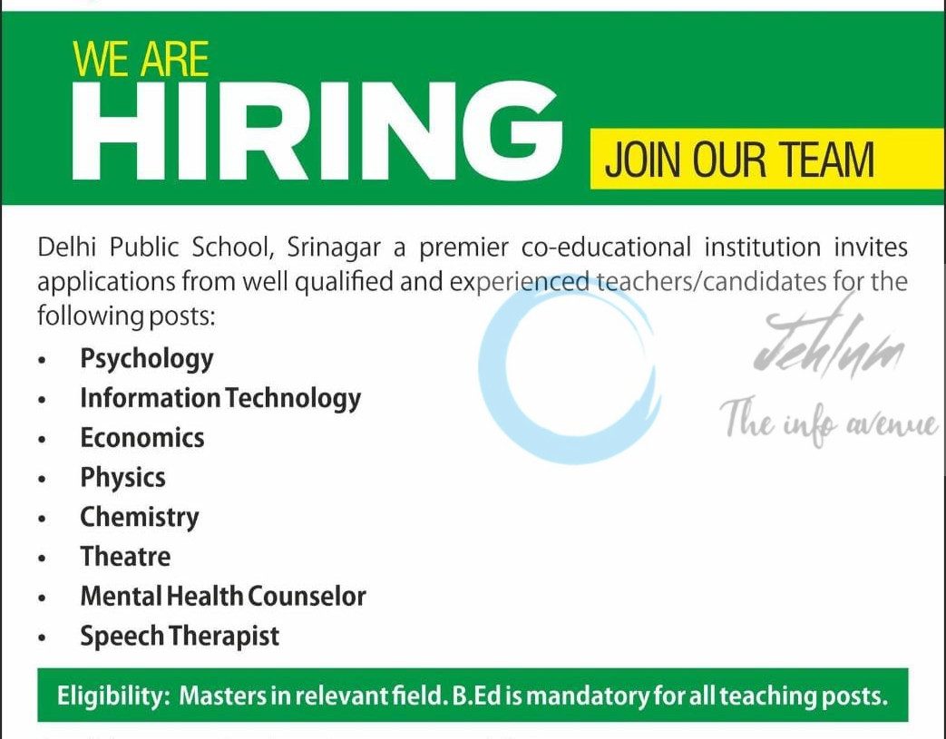 Delhi Public School Srinagar faculty job opportunities 2025