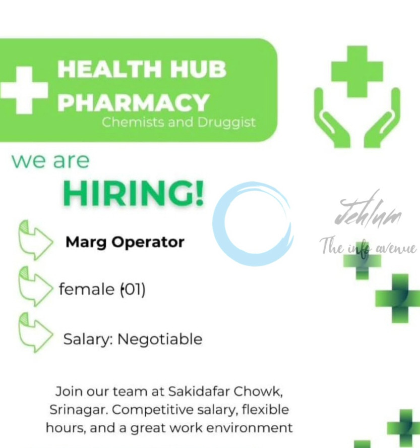 Health Hub Pharmacy srinagar marg operator job opportunities 2025