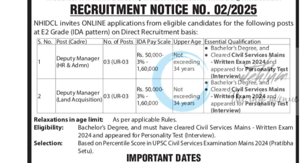 National Highways and Infrastructure Development Corporation Limited NHIDCL New Delhi manager job opportunities notice 02/2025