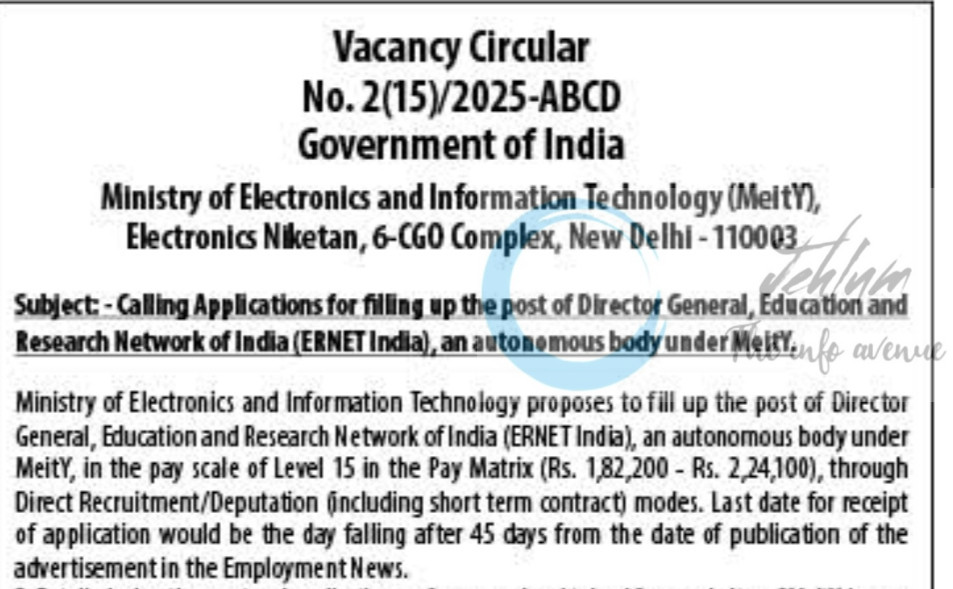 Ministry of Electronics and Information Technology MeitY New Delhi Director General ERNET job opportunities 2/15/2025-ABCD