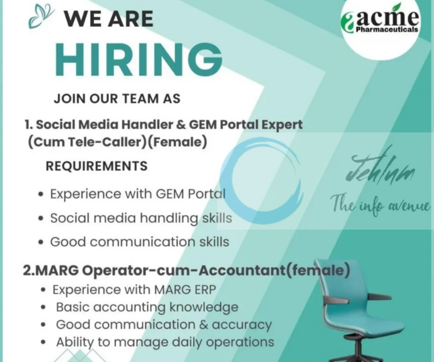 ACME Pharmaceuticals srinagar Social Media Handler and MARG Operator/Accountant job opportunities 2025 1 ACME Pharmaceuticals srinagar Social Media Handler and MARG Operator/Accountant job opportunities 2025