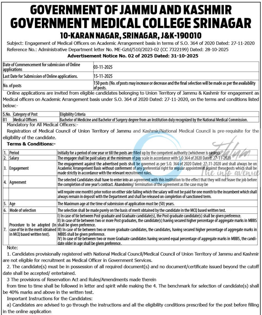 GMC Srinagar Medical Officer Vacancy Advt No 02 of 2025 Academic Arrangement