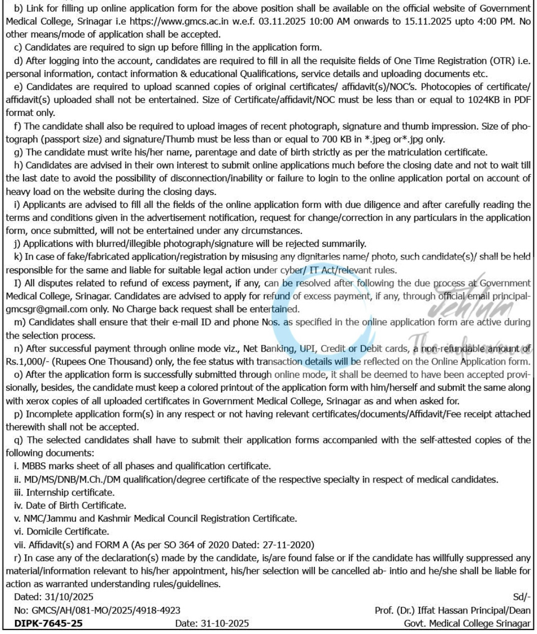 GMC Srinagar Medical Officer Vacancy Advt No 02 of 2025 Academic Arrangement