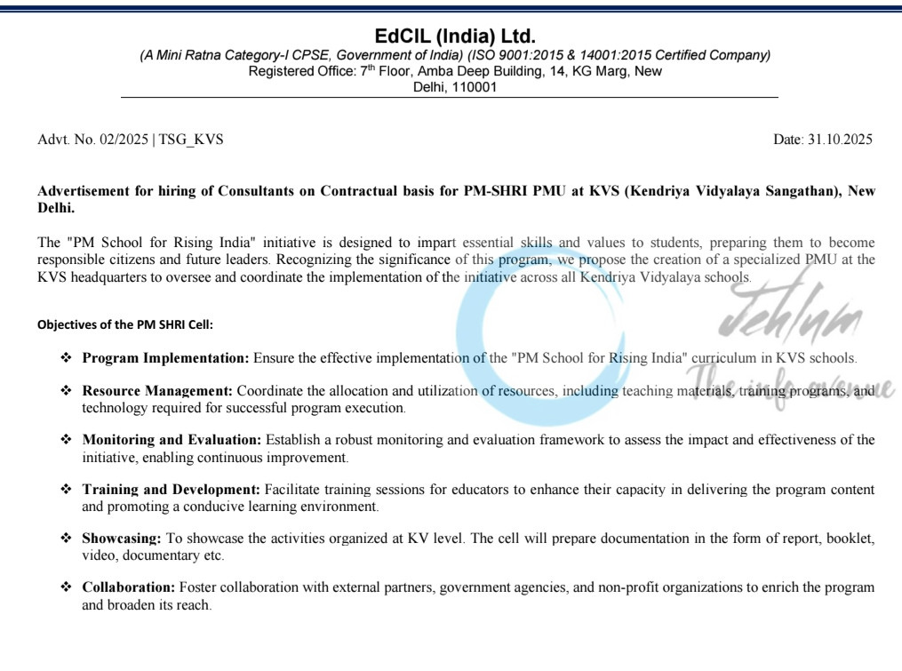 Kendriya Vidyalaya Sangathan KVS PM SHRI PMU Accountant/IT Staff Consultant Vacancy 2025