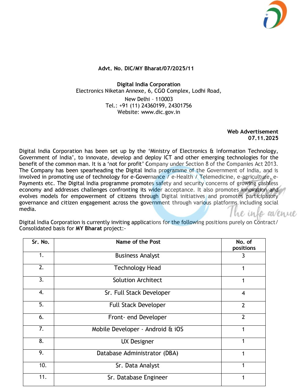 Digital India Corporation DIC MY Bharat 2.0 IT Jobs Recruitment Advertisement No DIC/MY Bharat/07/2025/11