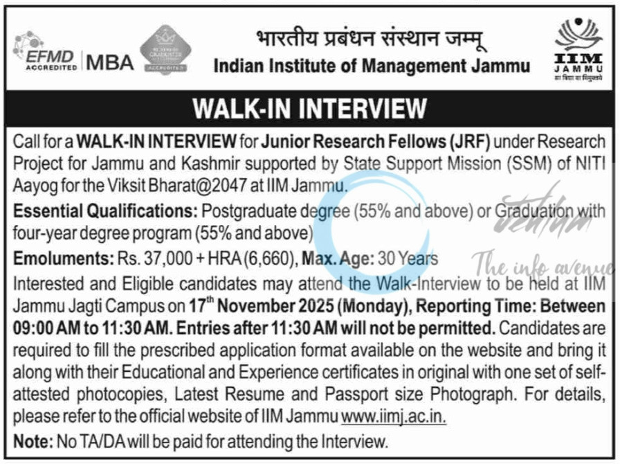 Indian Institute of Management IIM Jammu Junior Research Fellow JRF Opportunity 2025 Walk-In Interview
