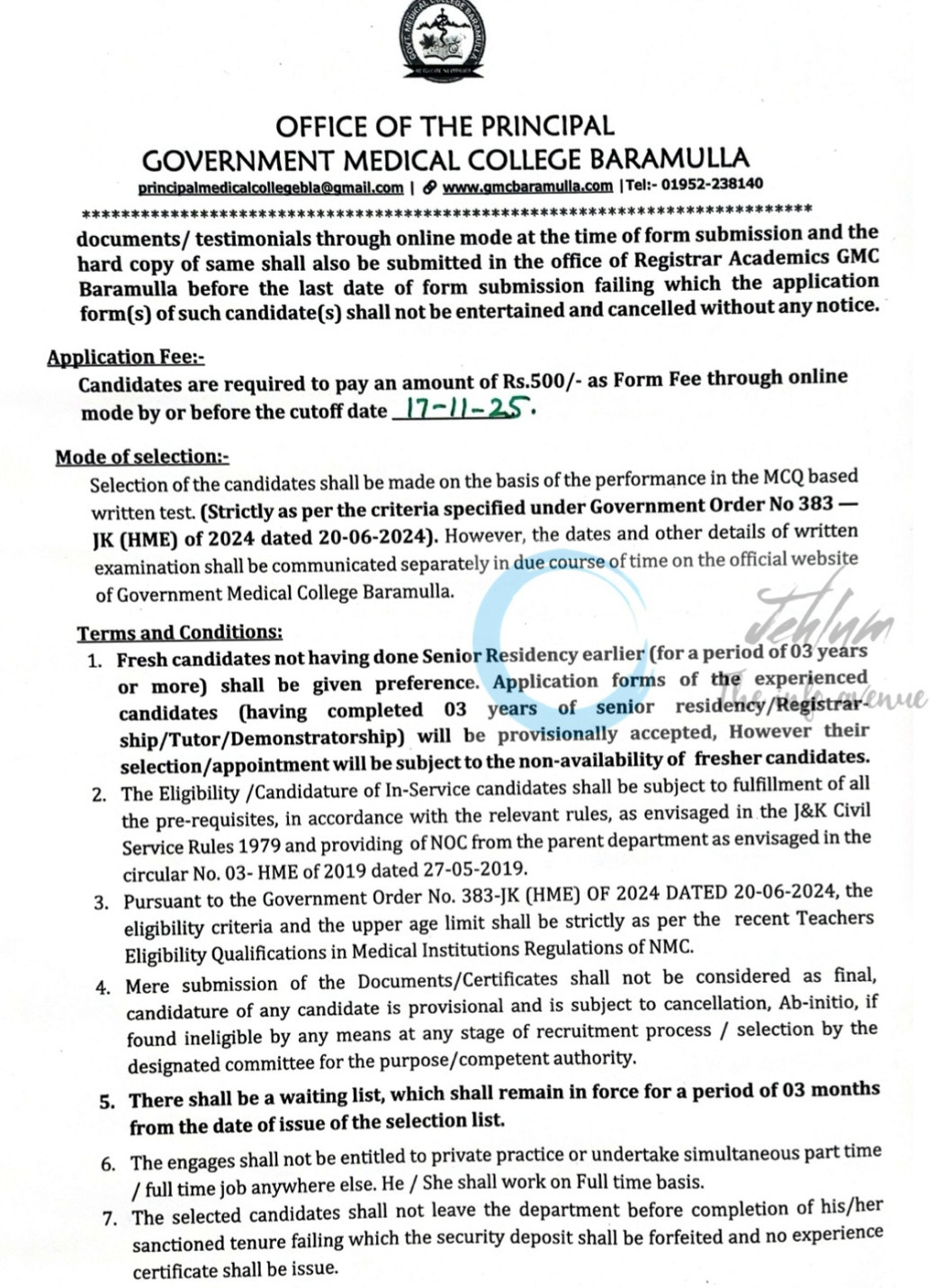 Govt Medical College GMC Baramulla Senior Resident/ Registrar/ Tutor/ Demonstrator Recruitment Adv Notice 12 RA 2025