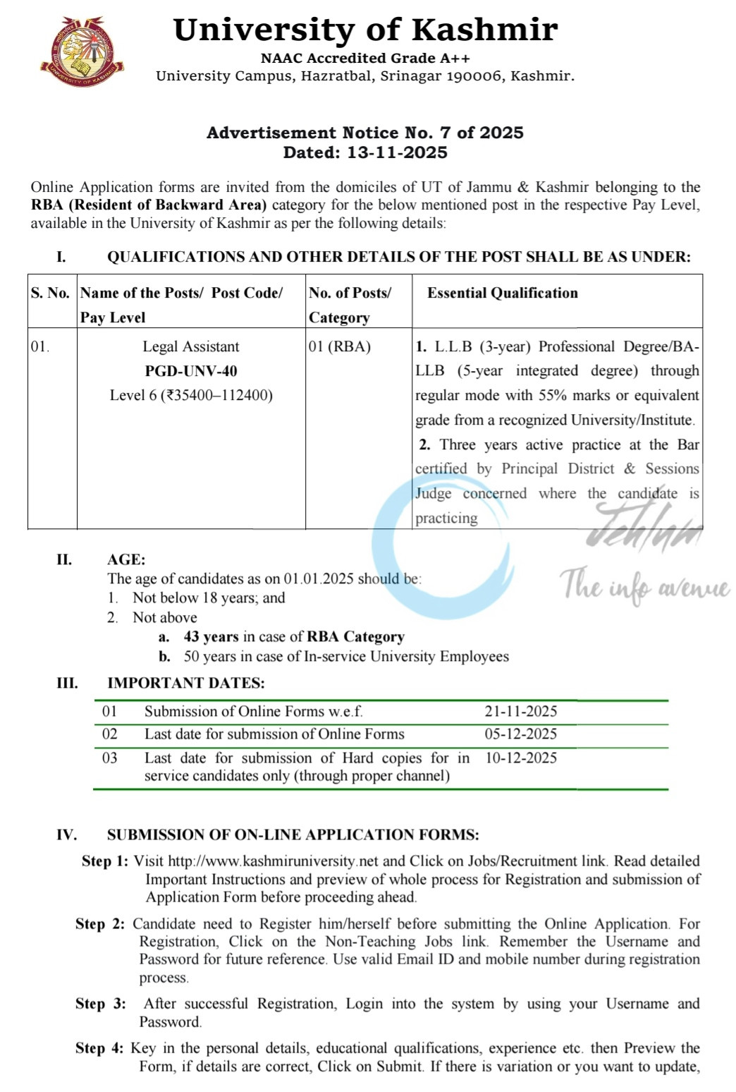 Kashmir University Legal Assistant Opportunity Advertisement Notice No 7 of 2025