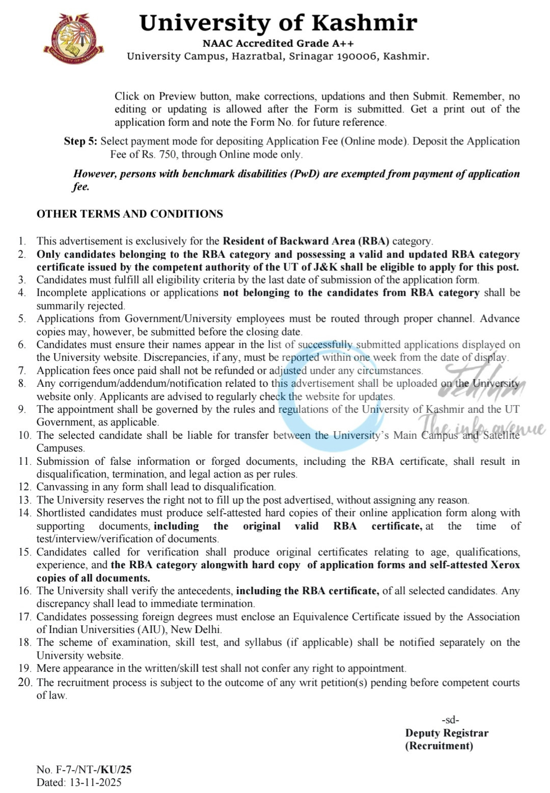 Kashmir University Legal Assistant Opportunity Advertisement Notice No 7 of 2025
