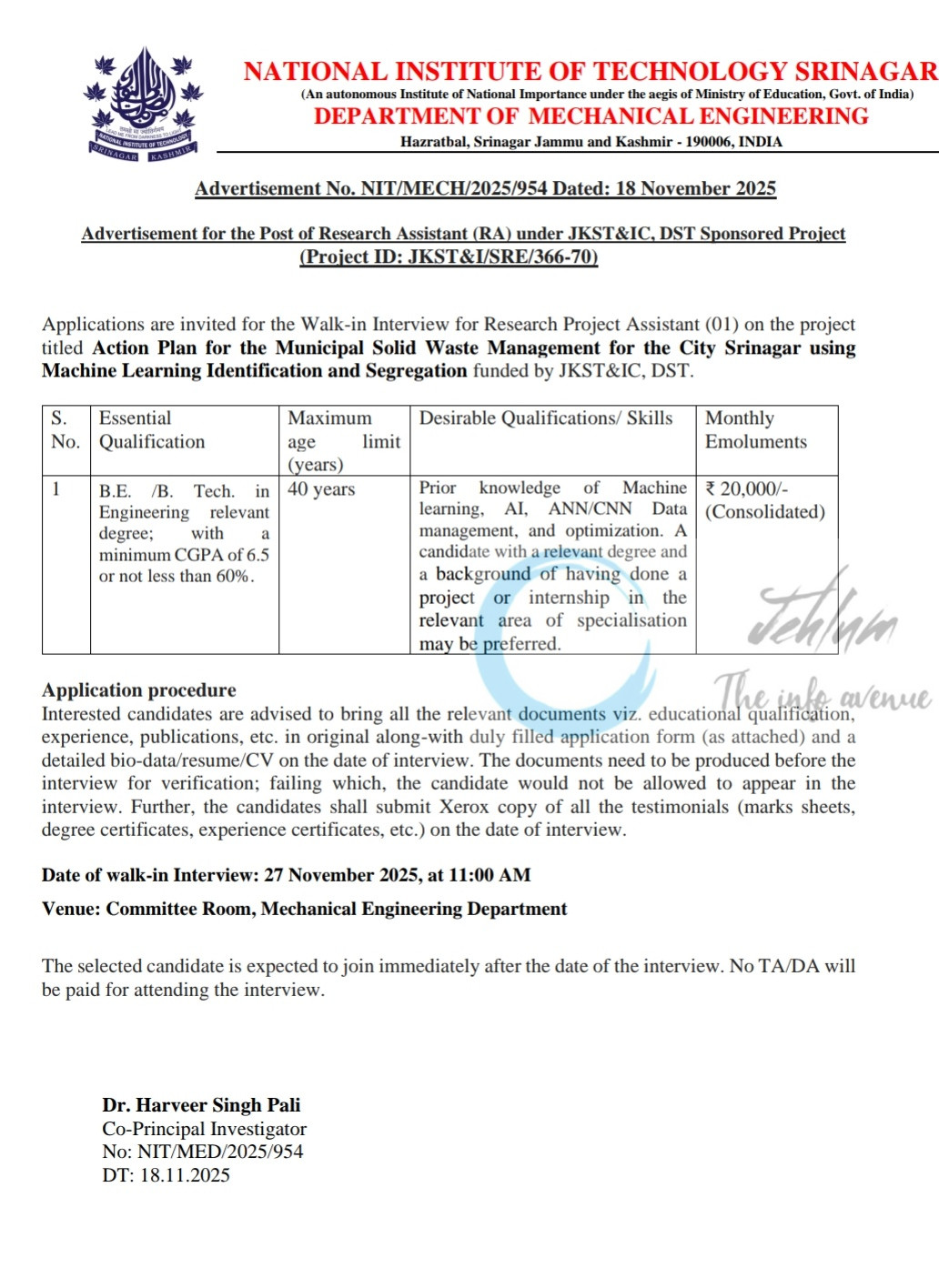 NIT Srinagar Mechanical Engineering Research Assistant Recruitment Walk-in-Interview 2025