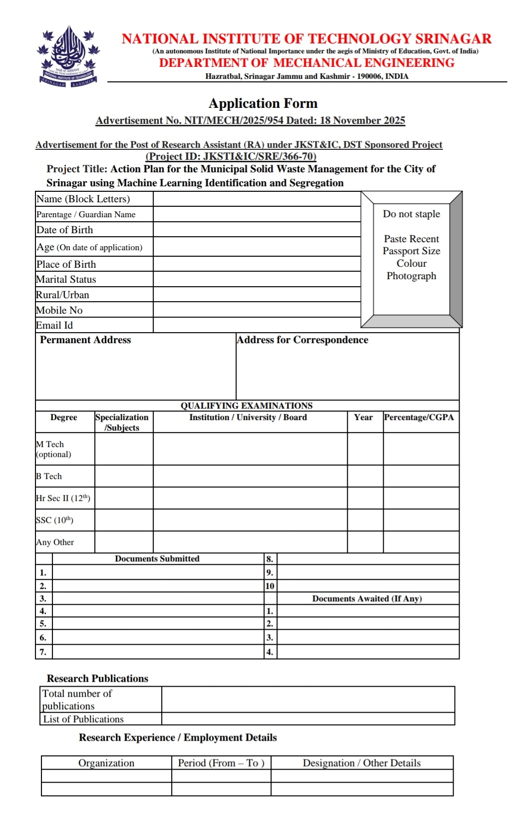 NIT Srinagar Mechanical Engineering Research Assistant Recruitment Walk-in-Interview 2025