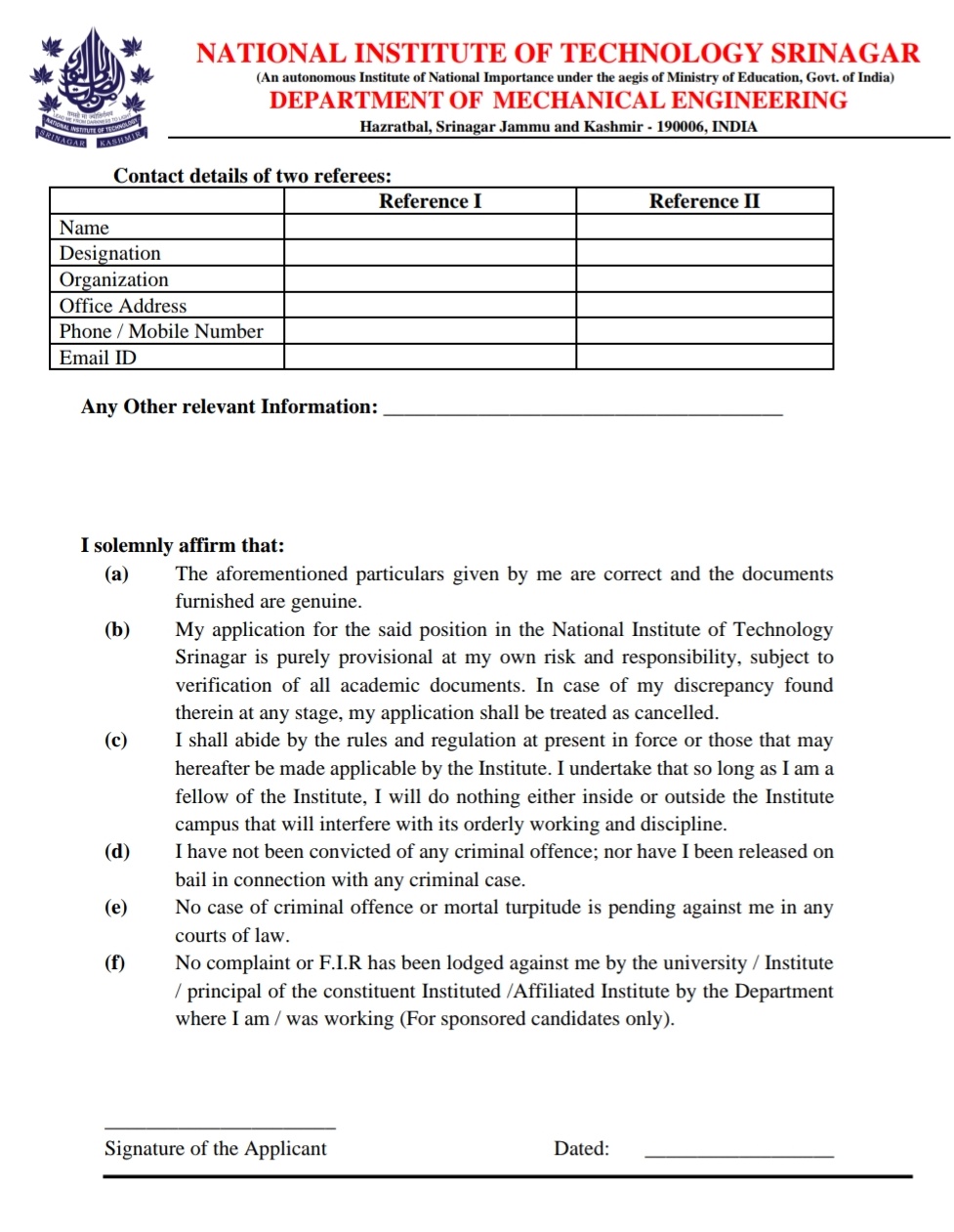 NIT Srinagar Mechanical Engineering Research Assistant Recruitment Walk-in-Interview 2025
