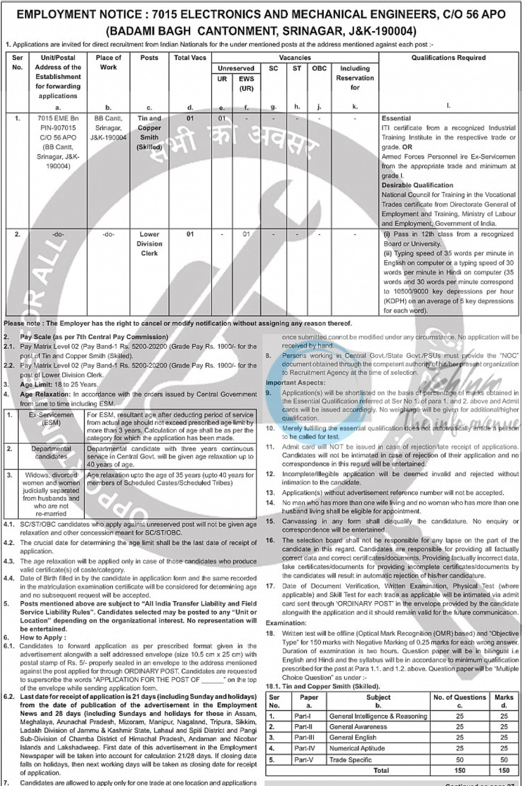 Badami Bagh Cantonment Srinagar Group C Lower Division Clerk/ Copper Smith Employment Notice 2025