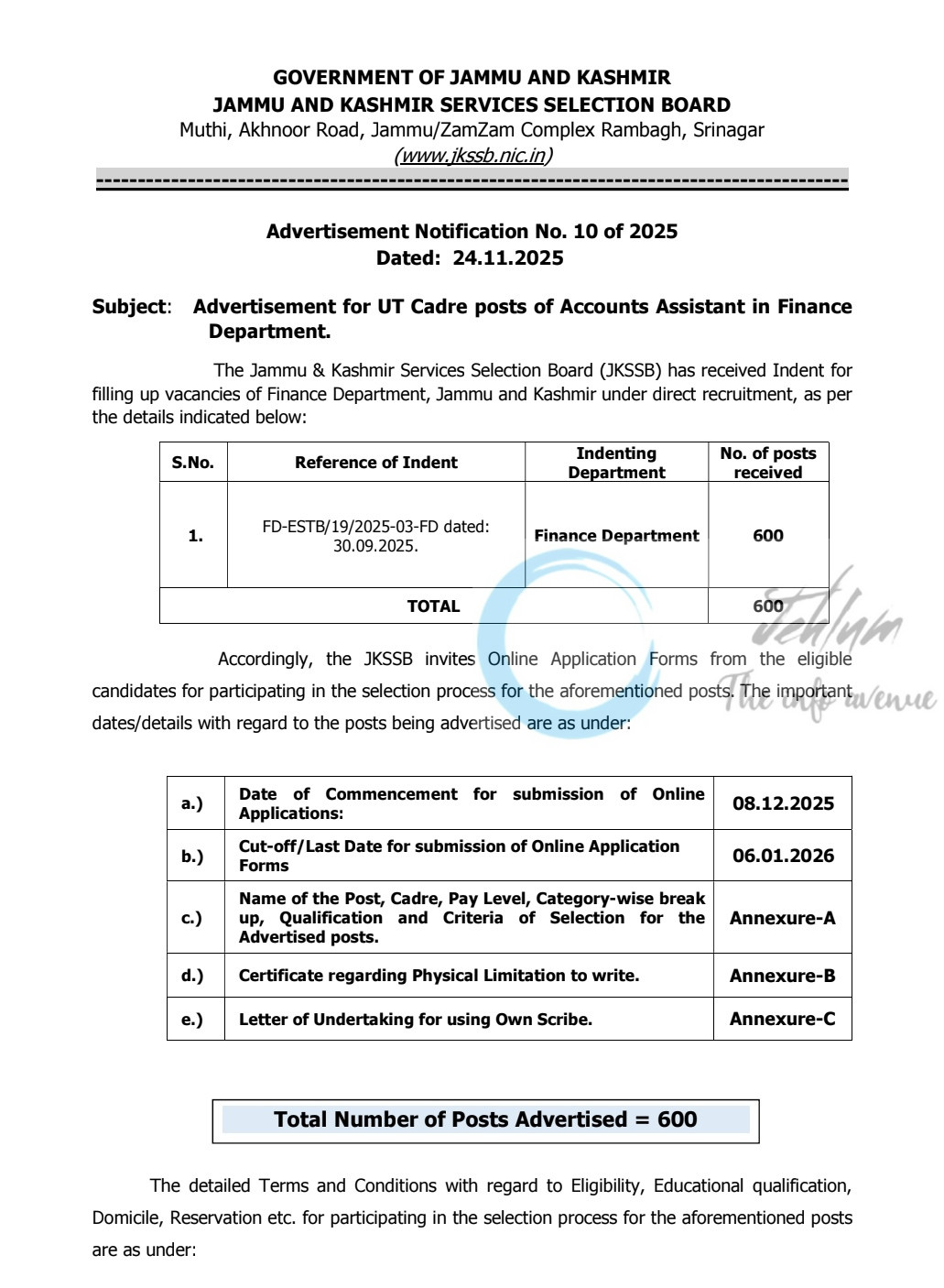 JKSSB Finance Department Accounts Assistant 600 Vacancies Advertisement Notification No 10 of 2025
