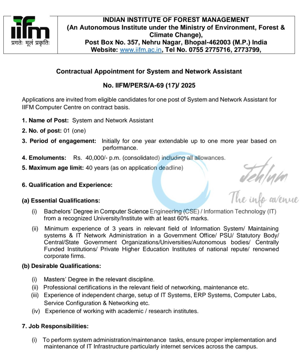 Indian Institute of Forest Management IIFM Bhopal System and Network Assistant Recruitment Notification IIFM/PERS/A-69/17/2025