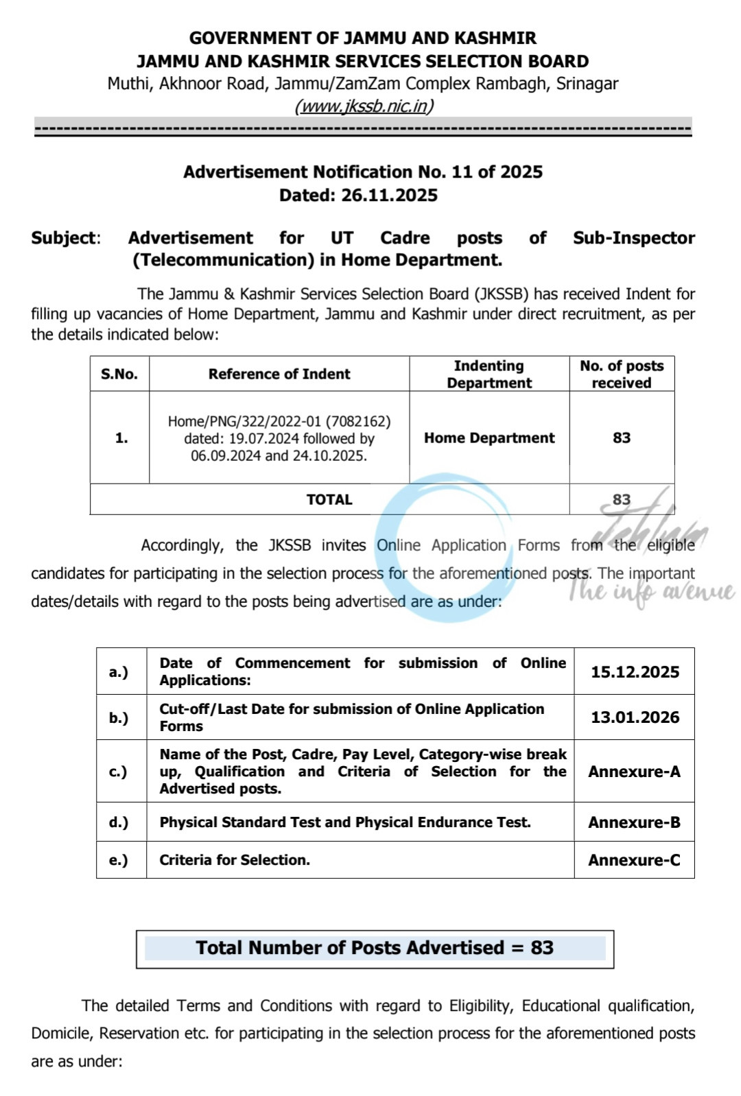 JKSSB Home Department Sub-Inspector SI Advertisement Notification No 11 of 2025