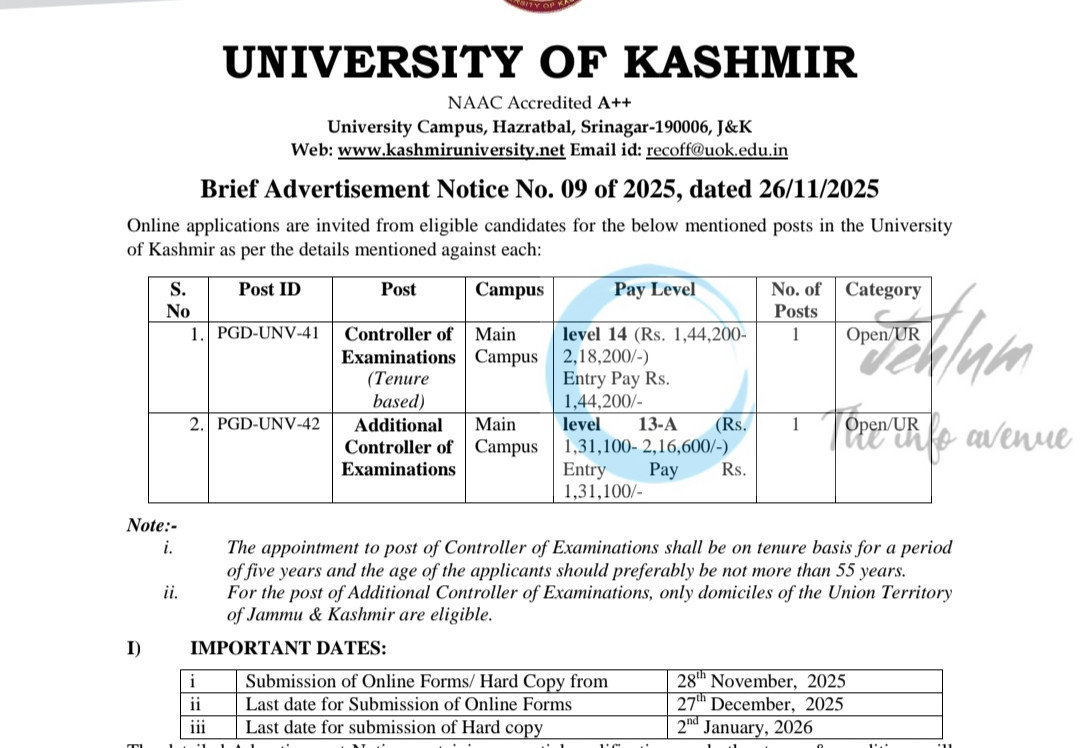 Kashmir University UOK Srinagar Controller/ Additional Controller of Examinations Jobs 2025 Advertisement No 09 of 2025