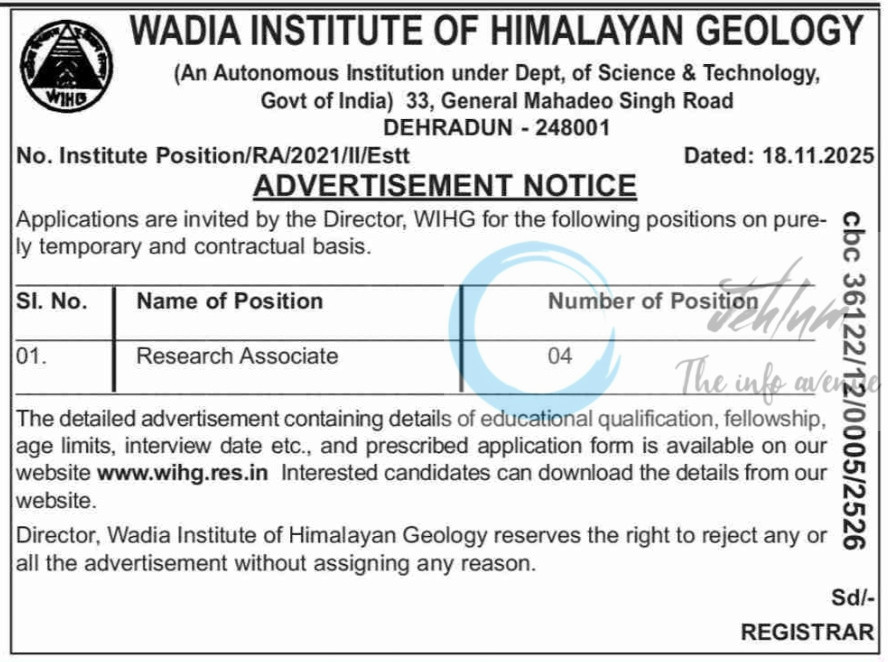 Wadia Institute of Himalayan Geology WIHG Dehradun Research Associate Recruitment 2025