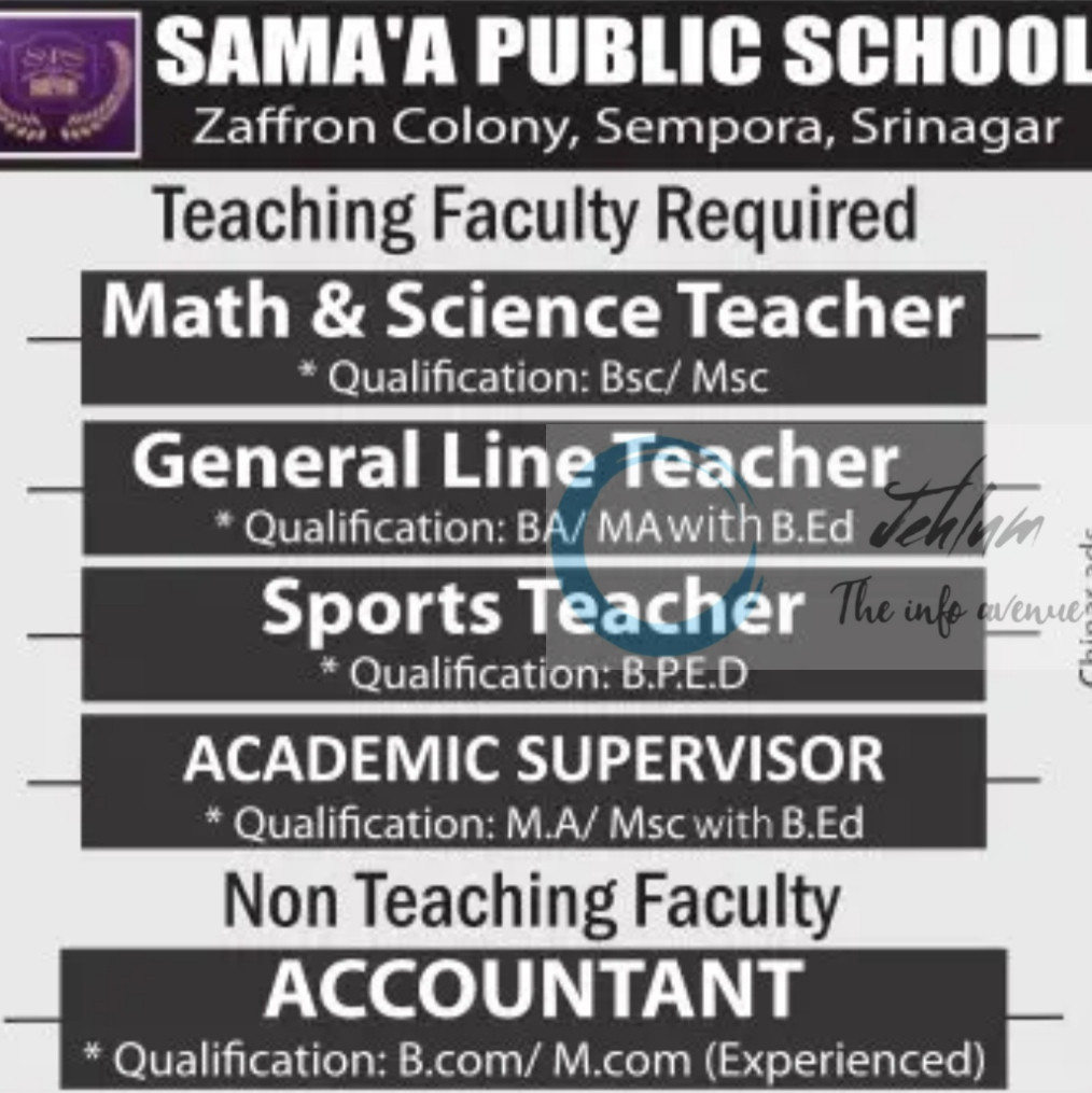 Samaa Public School Srinagar faculty job opportunities 2025