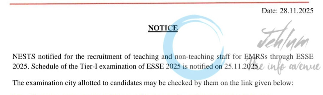 NESTS EMRS Tier 1 Exam City important Official Announcement Notice 2025