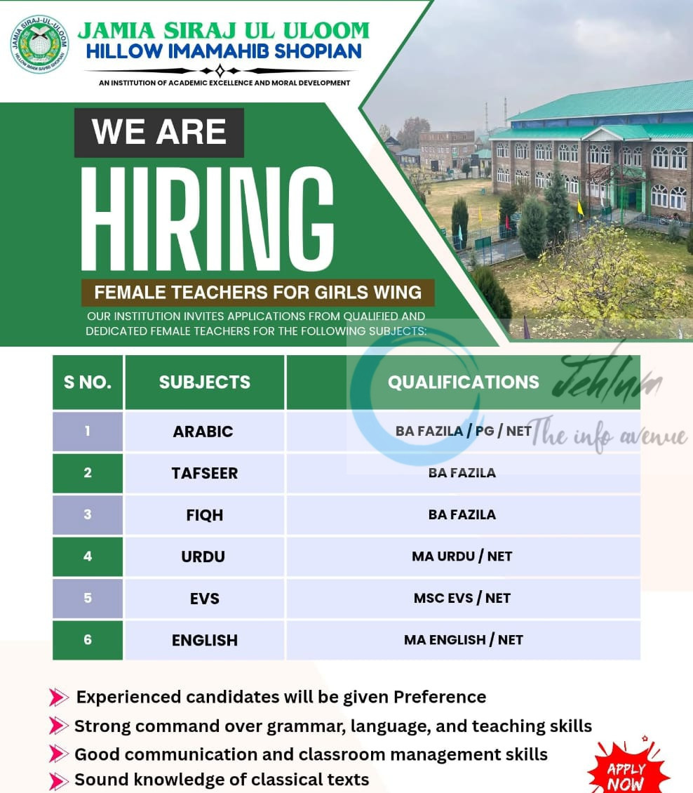 Jamia Siraj Ul Uloom JSU Hallow Imamahib Shopian Teachers job opportunities 2025