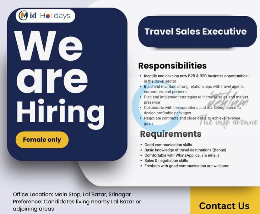 Mid Holidays srinagar Travel Sales Executive job opportunities 2025