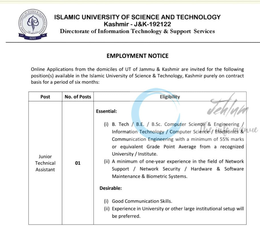 IUST Directorate of Information Technology and Support Services Junior Technical Assistant job opportunities notice IUST/DITSS/25/622
