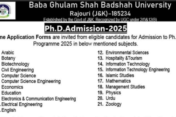 Baba Ghulam Shah Badshah University BGSBU Rajouri PhD Admission opportunities BGSBU/AC/30/2025
