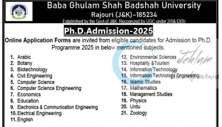 Baba Ghulam Shah Badshah University BGSBU Rajouri PhD Admission opportunities BGSBU/AC/30/2025 3 Baba Ghulam Shah Badshah University BGSBU Rajouri PhD Admission opportunities BGSBU/AC/30/2025