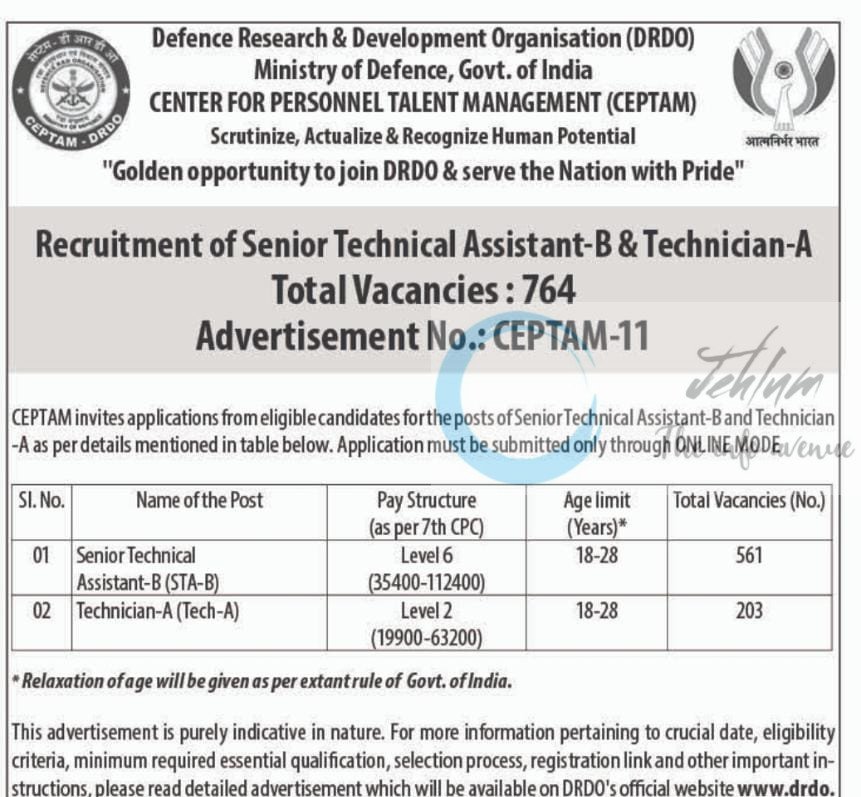 Defence Research and Development Organisation DRDO CEPTAM Senior Technical Assistant-B/Technician-A job opportunities notice CEPTAM-11
