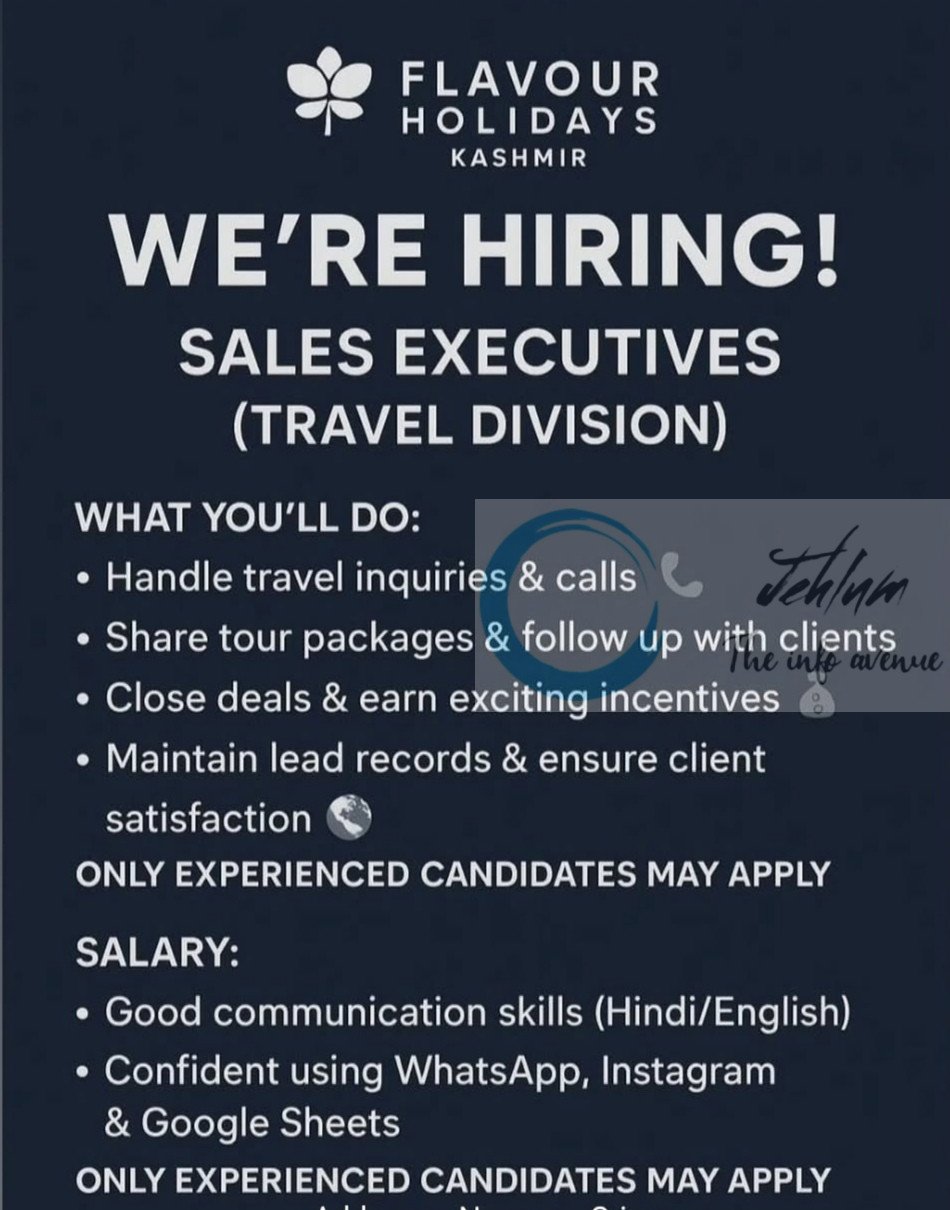 Flavour Holidays kashmir FHK srinagar Sales Executives Job opportunities 2025