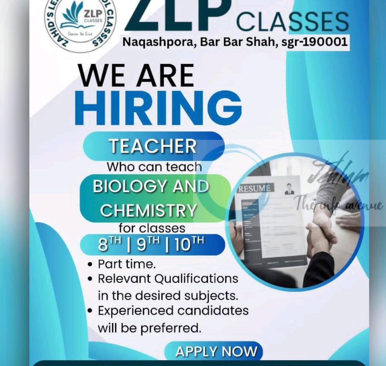 ZLP Classes Srinagar Part Time teachers job opportunities 2025
