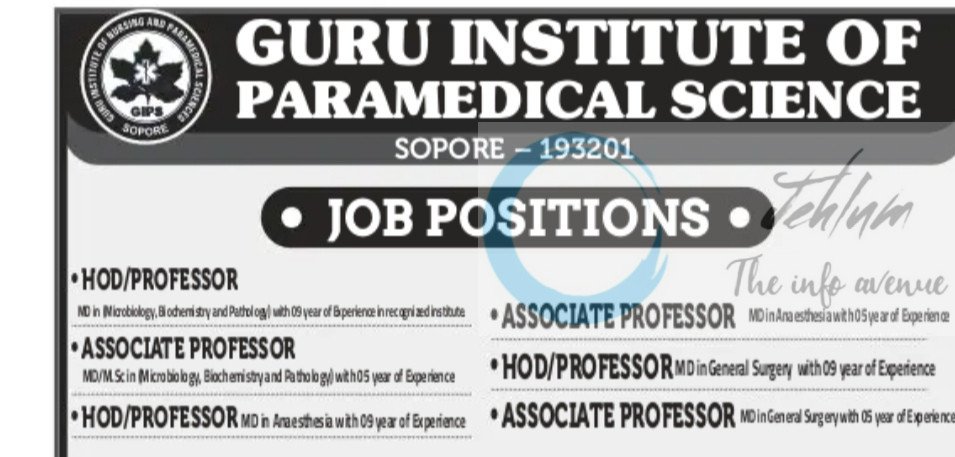 Guru Institute of Paramedical Science GIPS Sopore faculty job opportunities 2025
