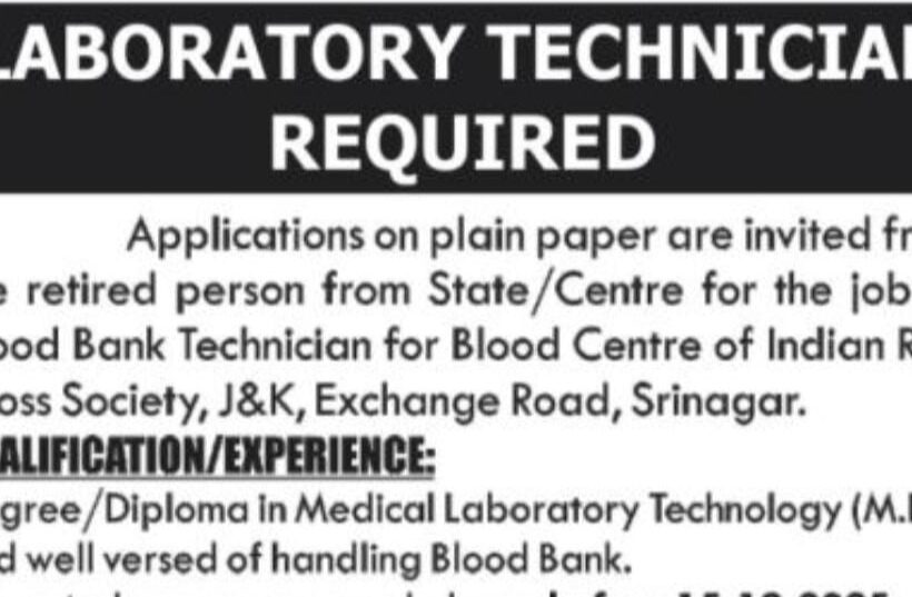 Indian Red Cross Society IRCS J and K Blood Centre Srinagar Laboratory Technician job opportunities 2025