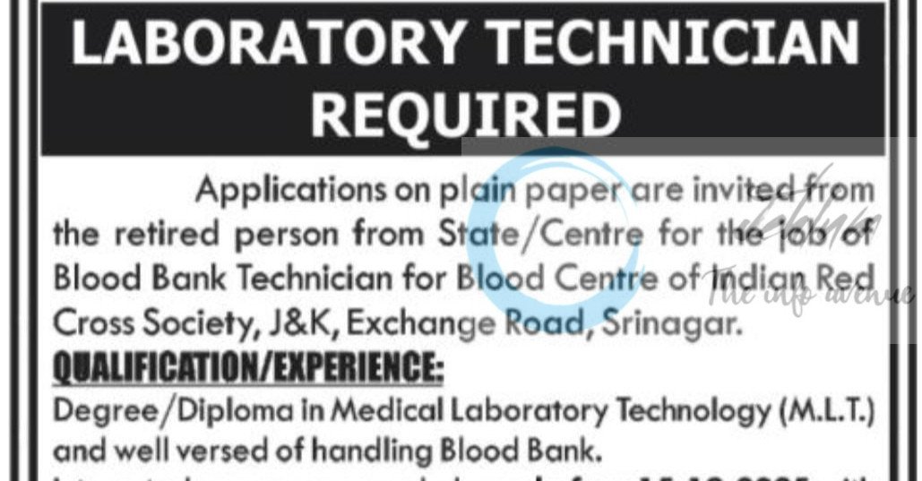 Indian Red Cross Society IRCS J and K Blood Centre Srinagar Laboratory Technician job opportunities 2025
