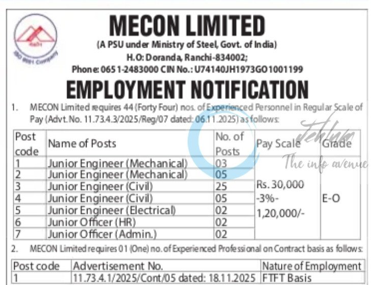 MECON Limited Junior Engineer Officer employment opportunities 11/73/4/3/2025/Reg/07/2025