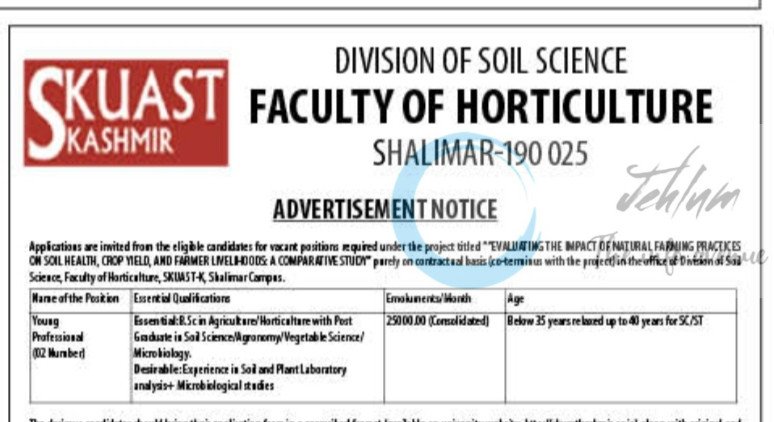 SKUAST-K Faculty of Horticulture Soil Science Young Professional employment opportunities 2025