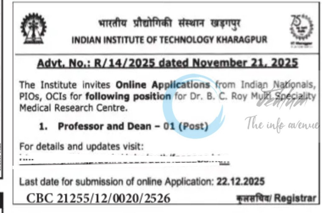 IIT Kharagpur IIT KGP Dr B C Roy Multi Speciality Medical Research Centre Professor and Dean employment notice R/14/2025