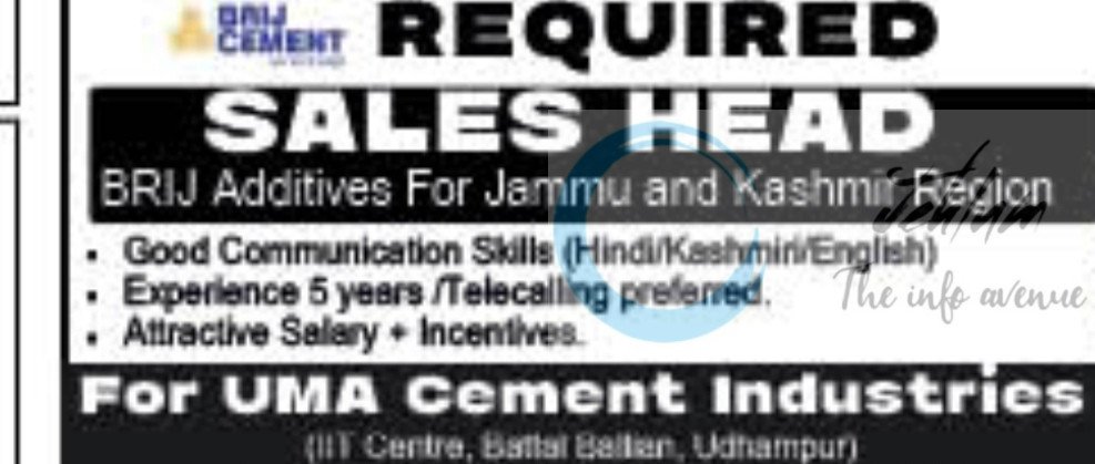 UMA Cement BRIJ Additives udhampur Sales Head Job opportunities 2025