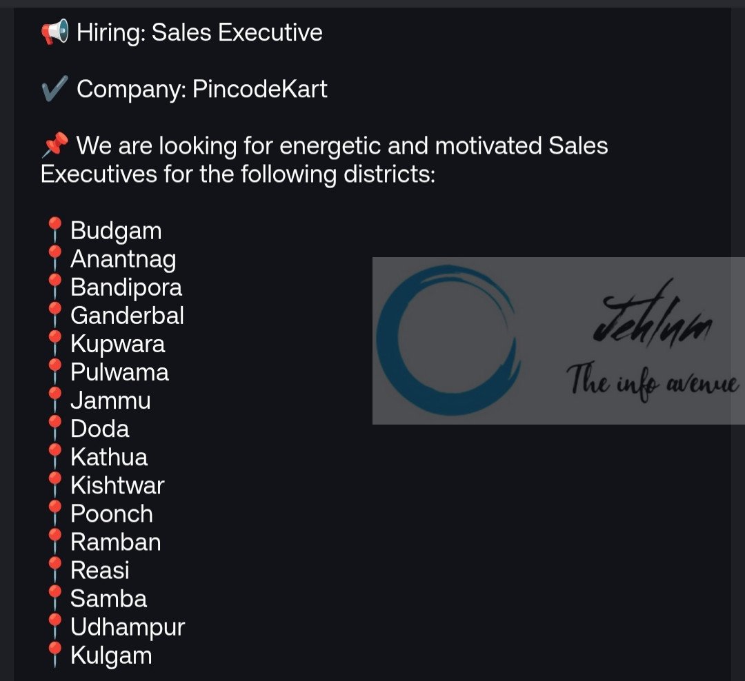 PincodeKart AIVS Sales Executive Field Jobs for Jammu Kashmir Districts 2025