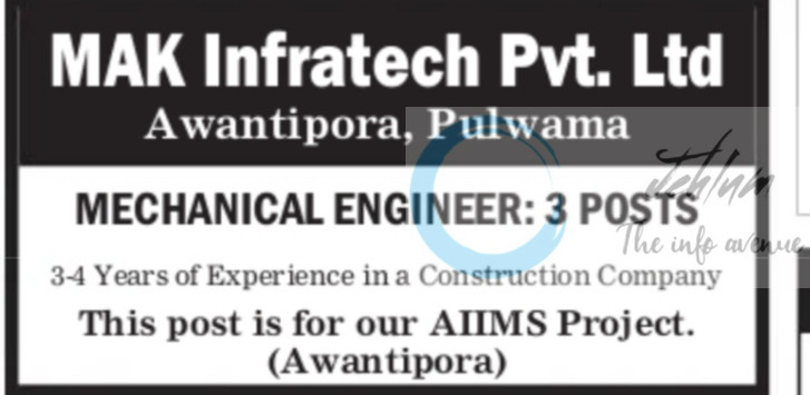 MAK Infratech Pvt Ltd awantipora Mechanical Engineer Job opportunities 2025
