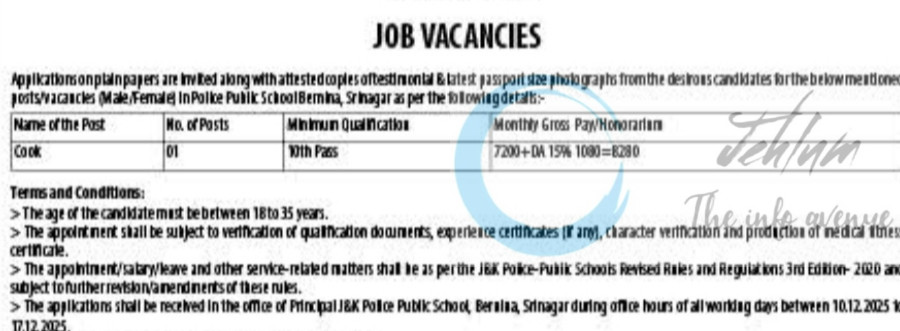 J and K Police Public School Srinagar Job opportunities 2025