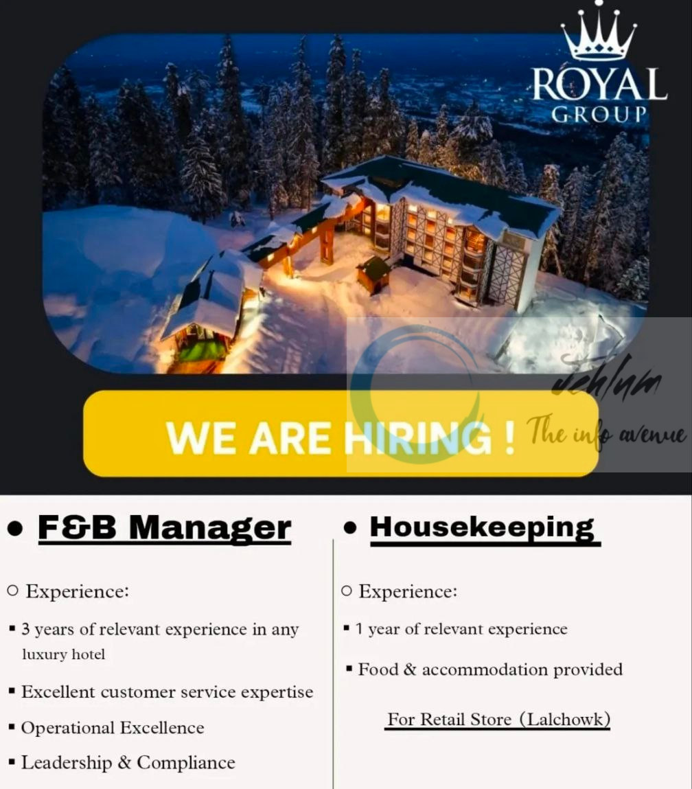 Royal Group gulmarg F and B Manager/Housekeeping job Opportunities 2025