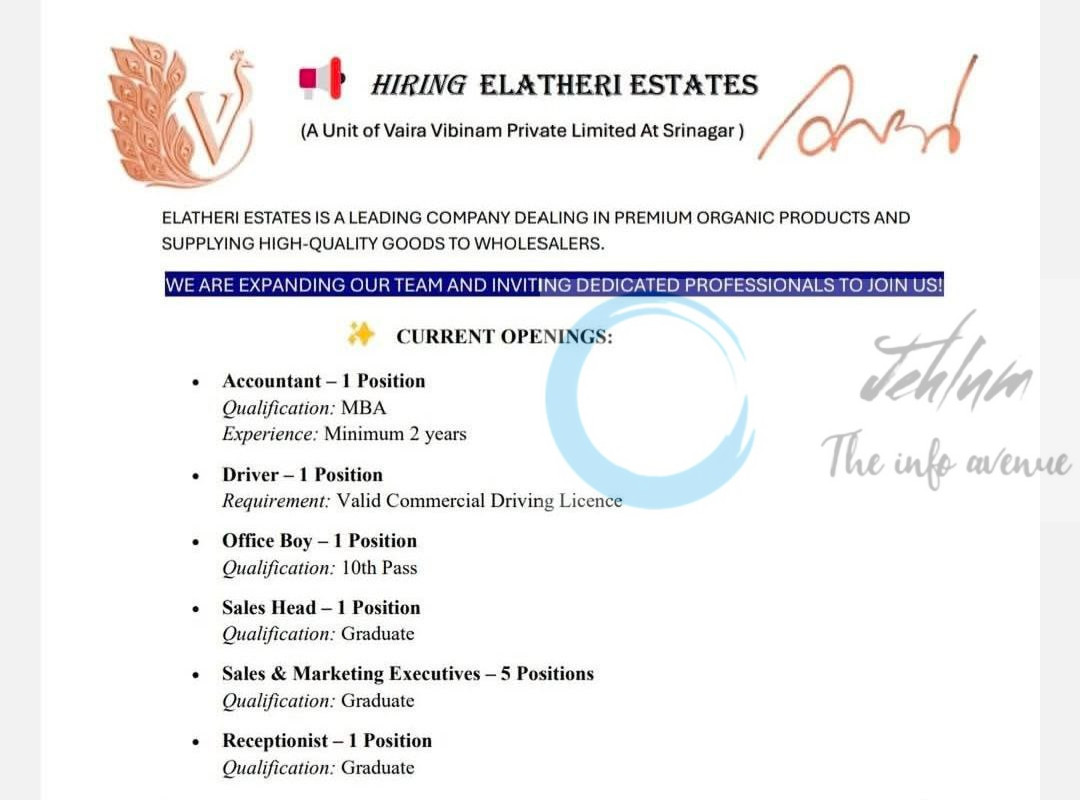 Elatheri Estates Vaira Vibinam Private Limited Srinagar staff job opportunities 2025