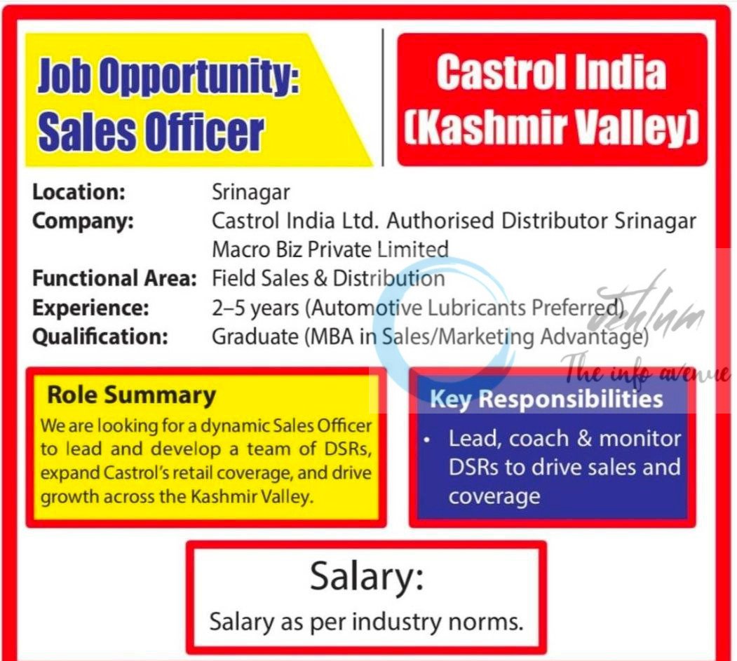 Castrol India Macro Biz Private Limited srinagar Sales Officer Job opportunities 2025