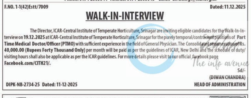 ICAR Central Institute of Temperate Horticulture Srinagar Part Time Medical Officer employment opportunities walk in 2025