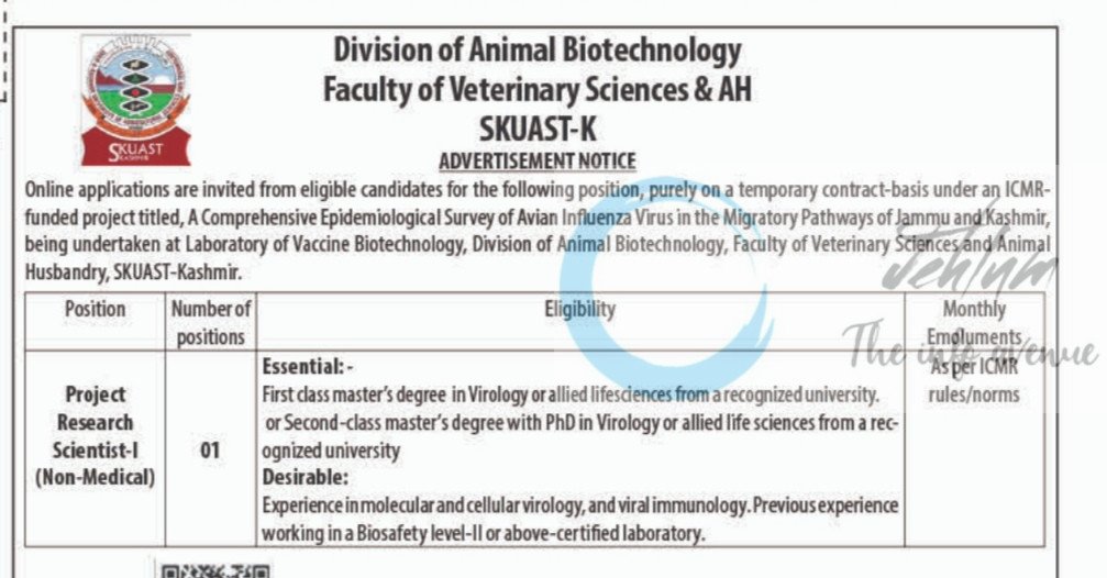 SKUAST K Division of Animal Biotechnology Faculty of Veterinary Sciences and AH Research Scientist I job opportunities 2025